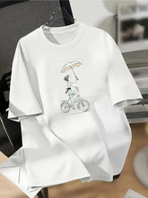 Women's Casual Cotton T-Shirt – Cartoon Bicycle & Umbrella Print