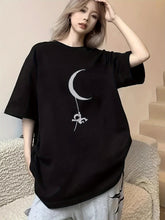 Women's Casual Polyester Crescent Moon & Figure Print T-Shirt – Black Relaxed Fit Tee
