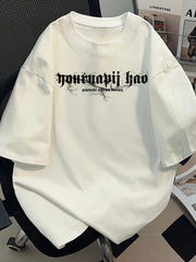 Men's Graphic Cotton Tee – Asymmetric Hem, Loose Fit Streetwear