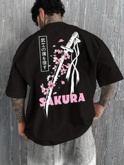 Men’s Casual Japanese Katana & Cherry Blossom Graphic Tee – Loose Fit Summer Fashion