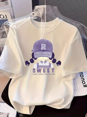 Women's Y2K Oversized Cotton T-Shirt – Purple Cap Cartoon 'SWEET' Print