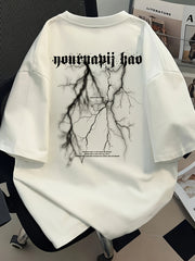Men's Graphic Cotton Tee – Asymmetric Hem, Loose Fit Streetwear