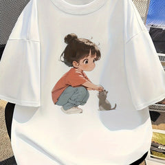 Women's Casual Loose-Fit T-Shirt – Cartoon Print, Relaxed Fit