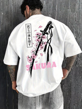 Men’s Casual Japanese Katana & Cherry Blossom Graphic Tee – Loose Fit Summer Fashion