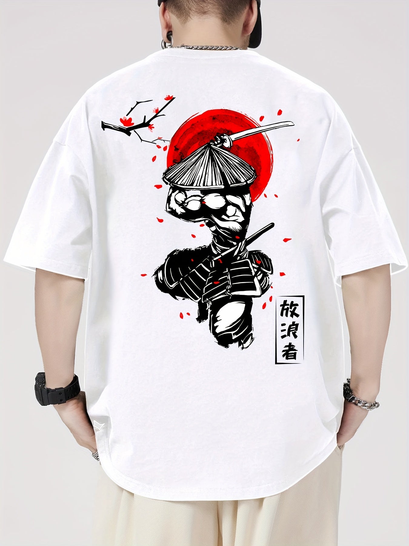 Men's 100% Cotton Samurai & Cherry Blossom Graphic Tee – Casual Short Sleeve