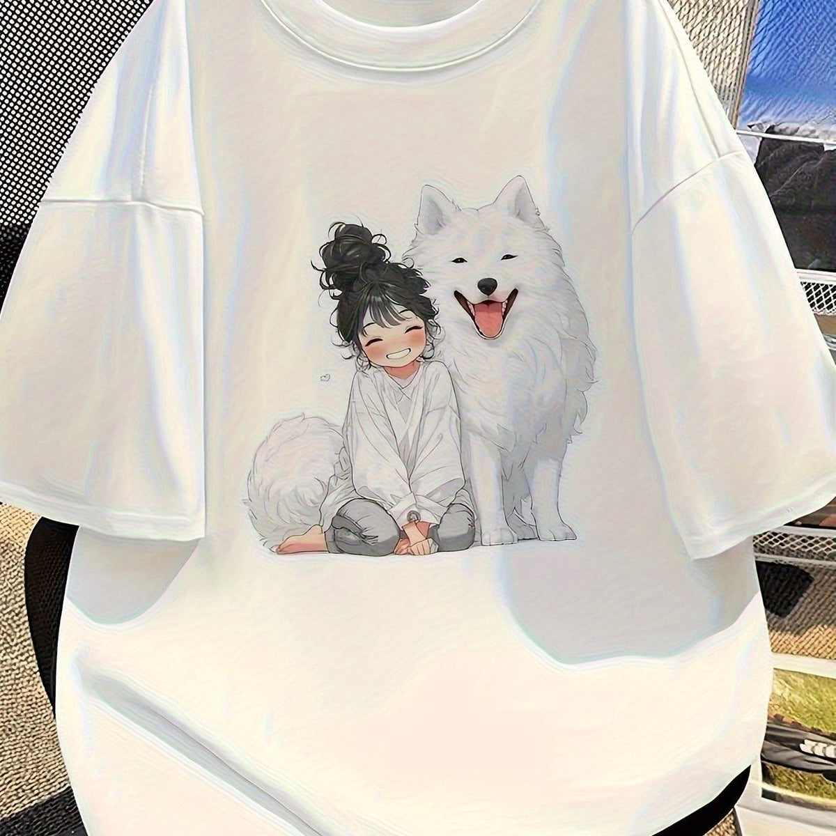 Oversized Samoyed Dog Cartoon Graphic T-Shirt – Cute Casual Streetwear Tee