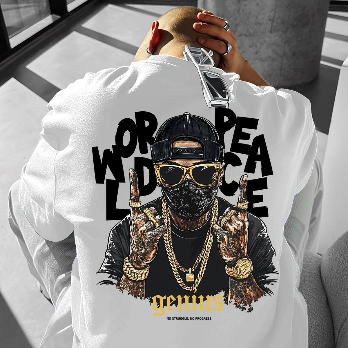 Men's Streetwear T-Shirt – World Peace Sign Graphic, Loose Fit