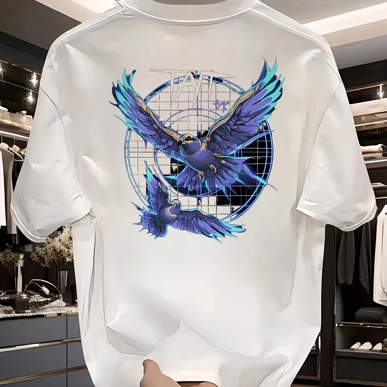 Men’s Black Cotton T-Shirt – Blue & Purple “TAT” Eagle Graphic