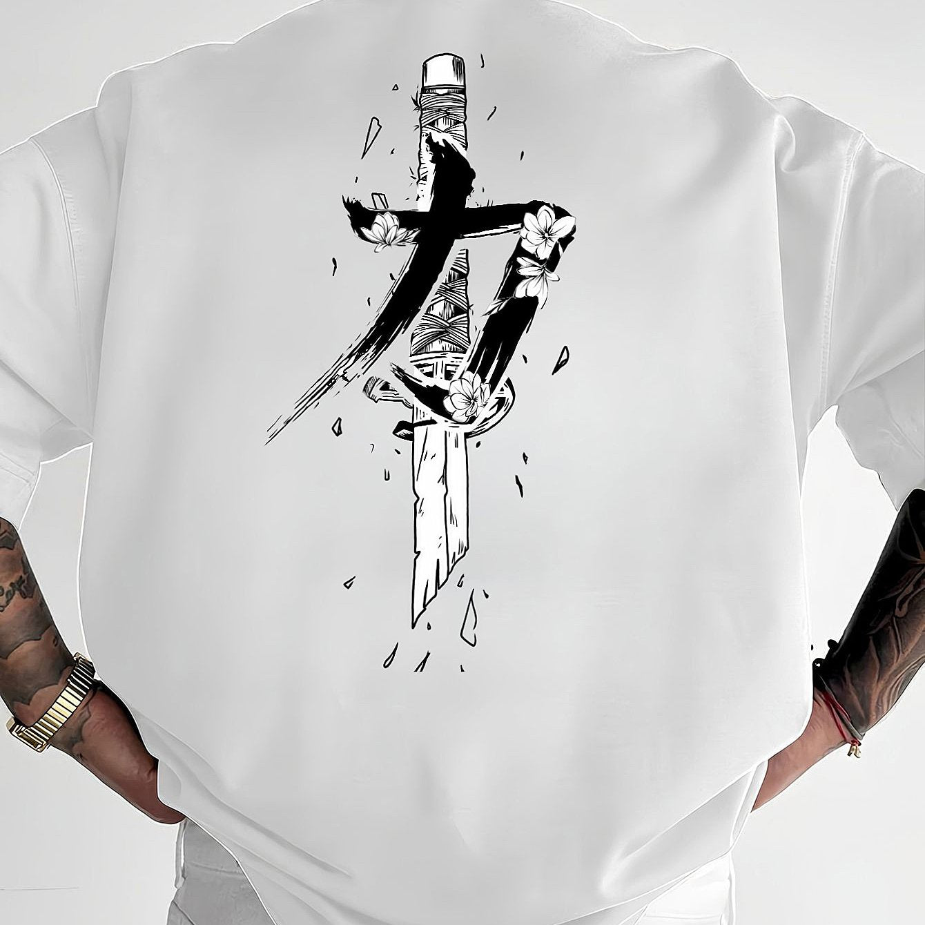 Men's Loose Fit Polyester Dagger Print T-Shirt – Casual Summer Short Sleeve