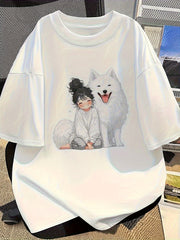 Oversized Samoyed Dog Cartoon Graphic T-Shirt – Cute Casual Streetwear Tee