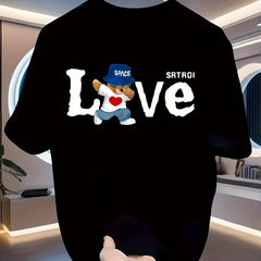 Men’s Retro Cotton T-Shirt – Black “LOVE” Bear Graphic