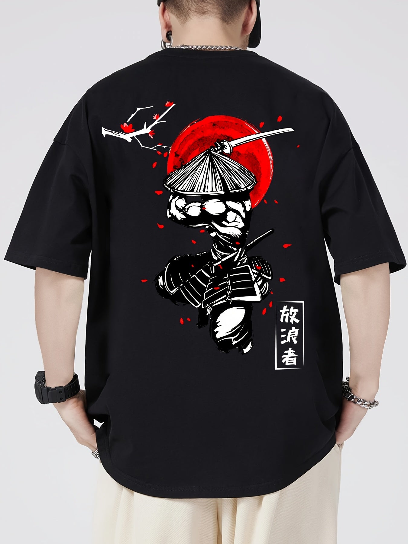 Men's Cotton Samurai & Cherry Blossom Graphic T-Shirt – Breathable Casual Summer Tee