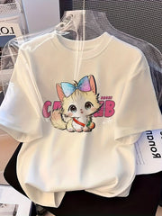 Women's White Short-Sleeve Tee – Cute Cat Graphic Print, Loose Fit