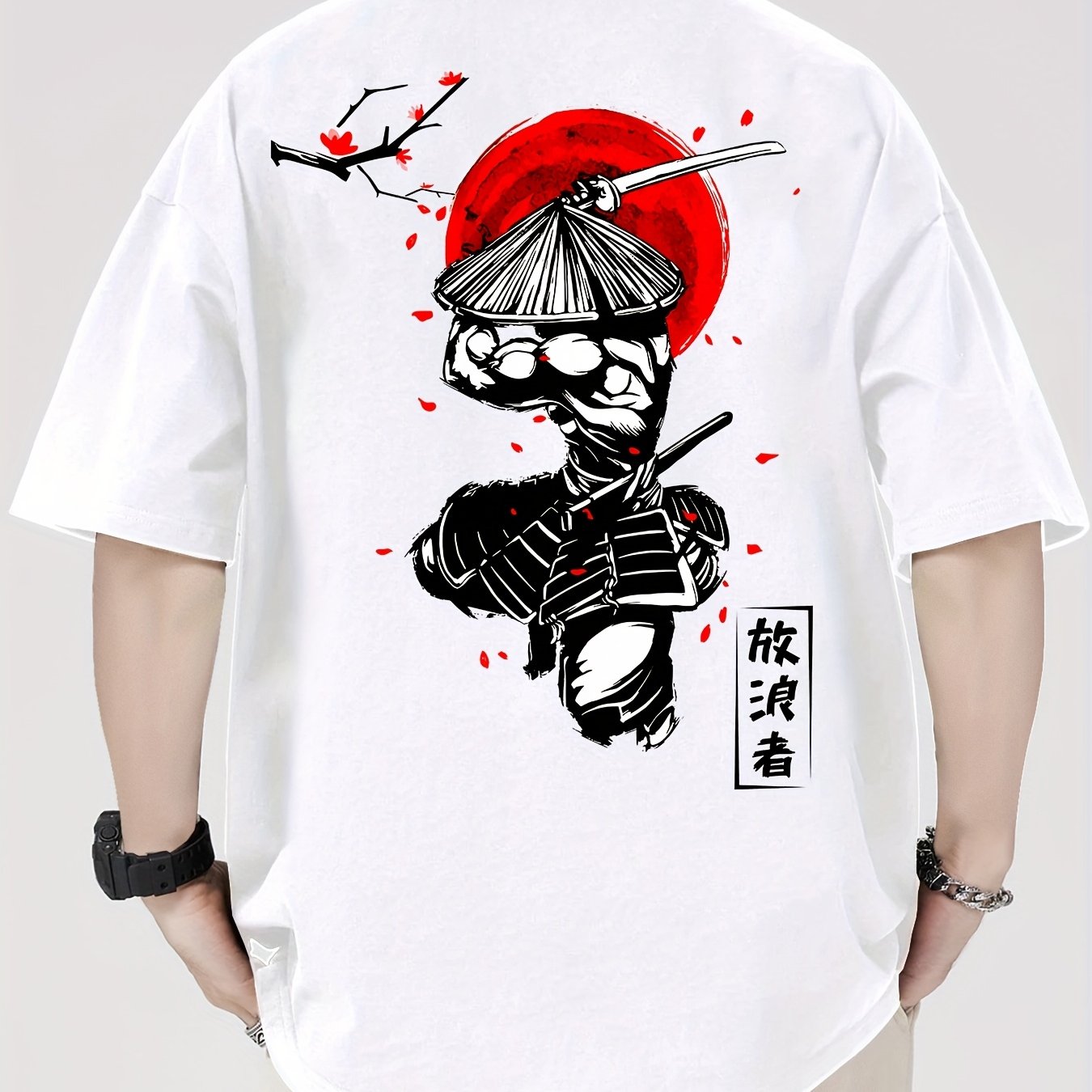Men's 100% Cotton Samurai & Cherry Blossom Graphic Tee – Casual Short Sleeve