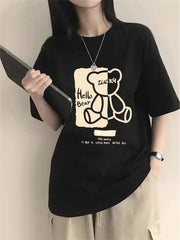 Women's Cartoon Bear Print T-Shirt – Loose Fit Summer Top