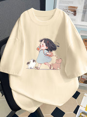 Y2K-Inspired Women'S Short Sleeve T-Shirt with Adorable Cartoon Print - Slim Fit, Crew Neck, Pure Top for Spring/Summer/Fall, Cute T Shirt