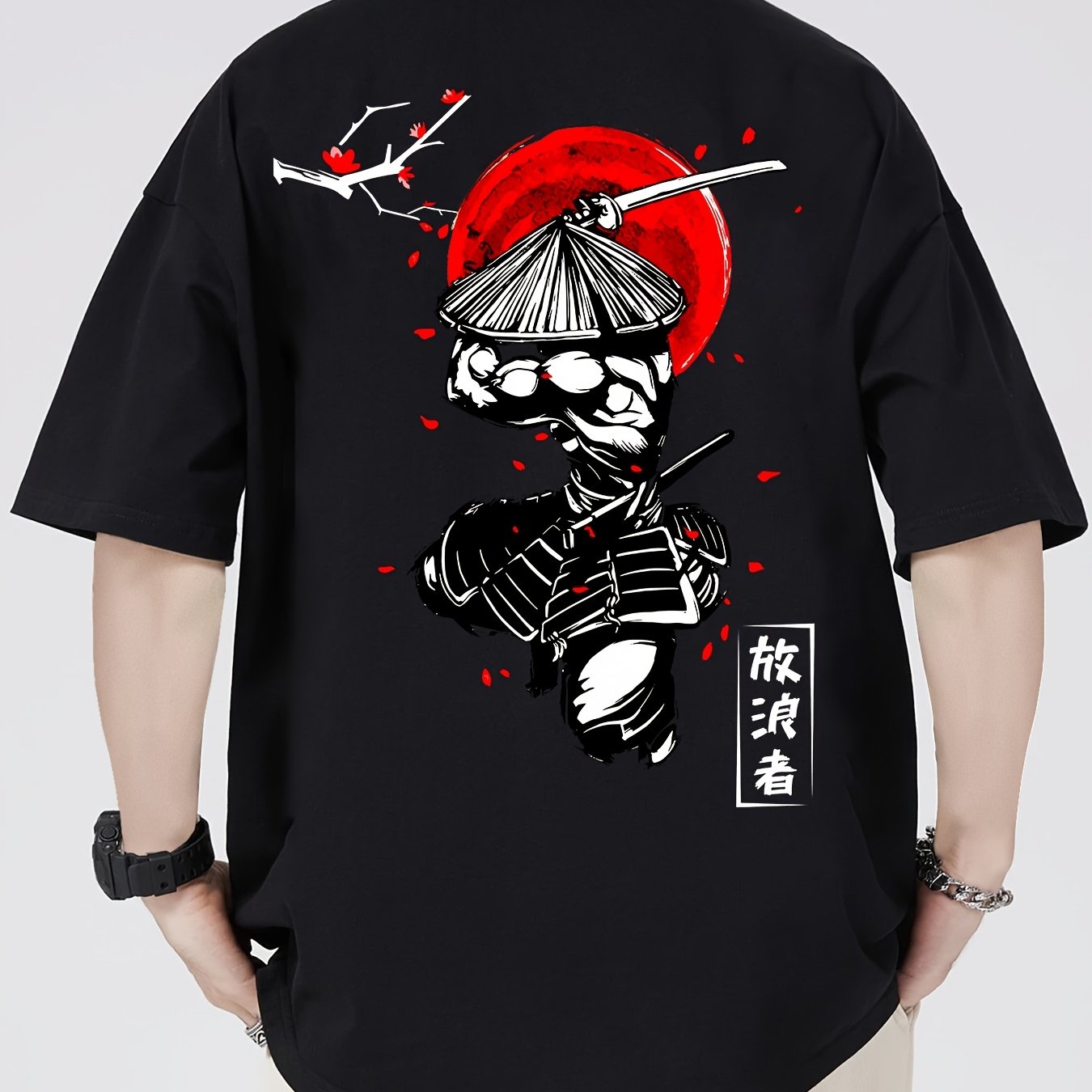 Men's Cotton Samurai & Cherry Blossom Graphic T-Shirt – Breathable Casual Summer Tee