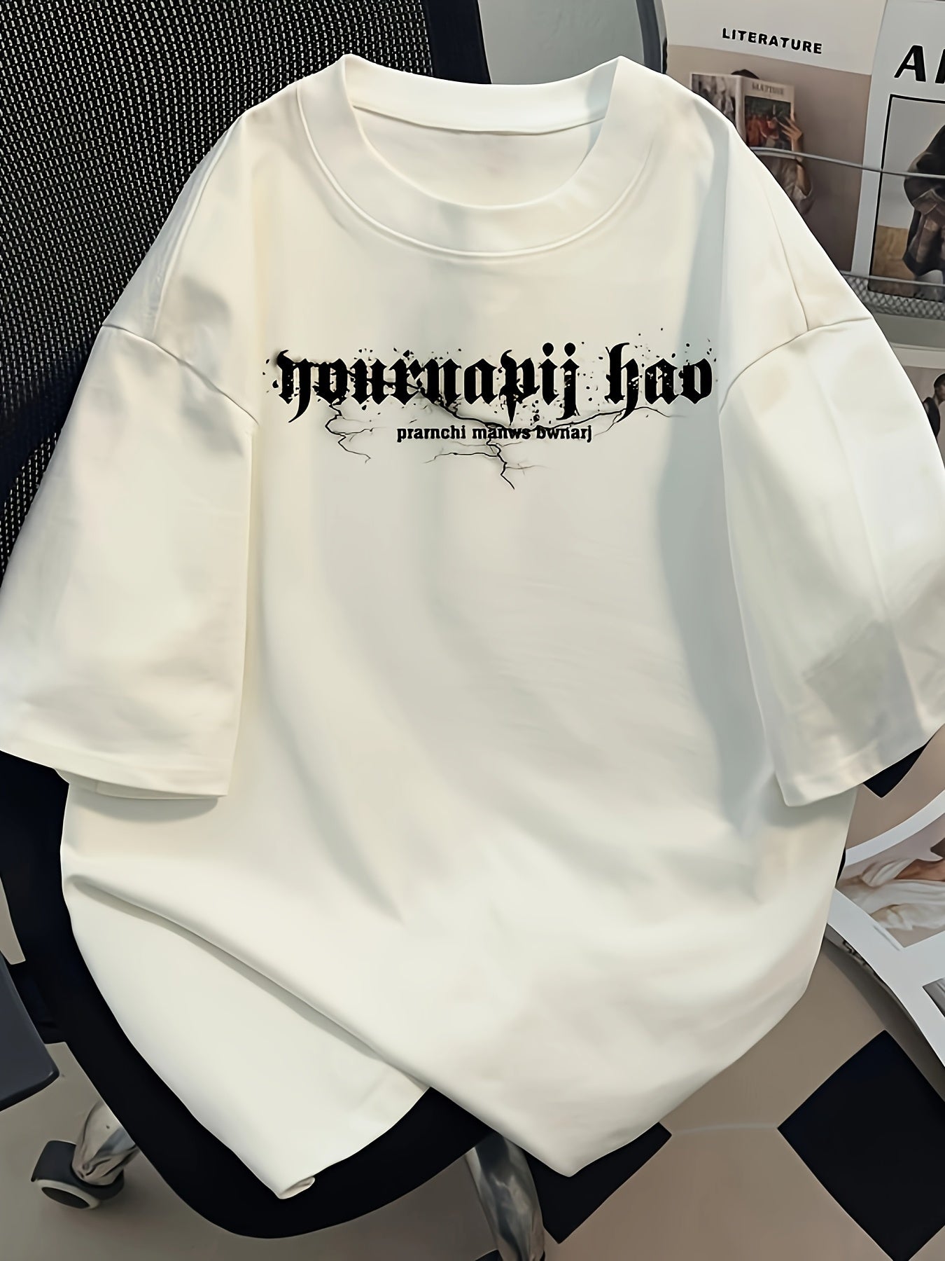 Men's Graphic Cotton Tee – Asymmetric Hem, Loose Fit Streetwear