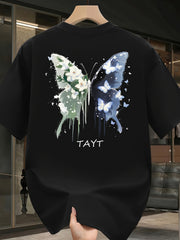 Men’s Black Cotton Graphic T-Shirt – White Butterfly & Paint Splatter
