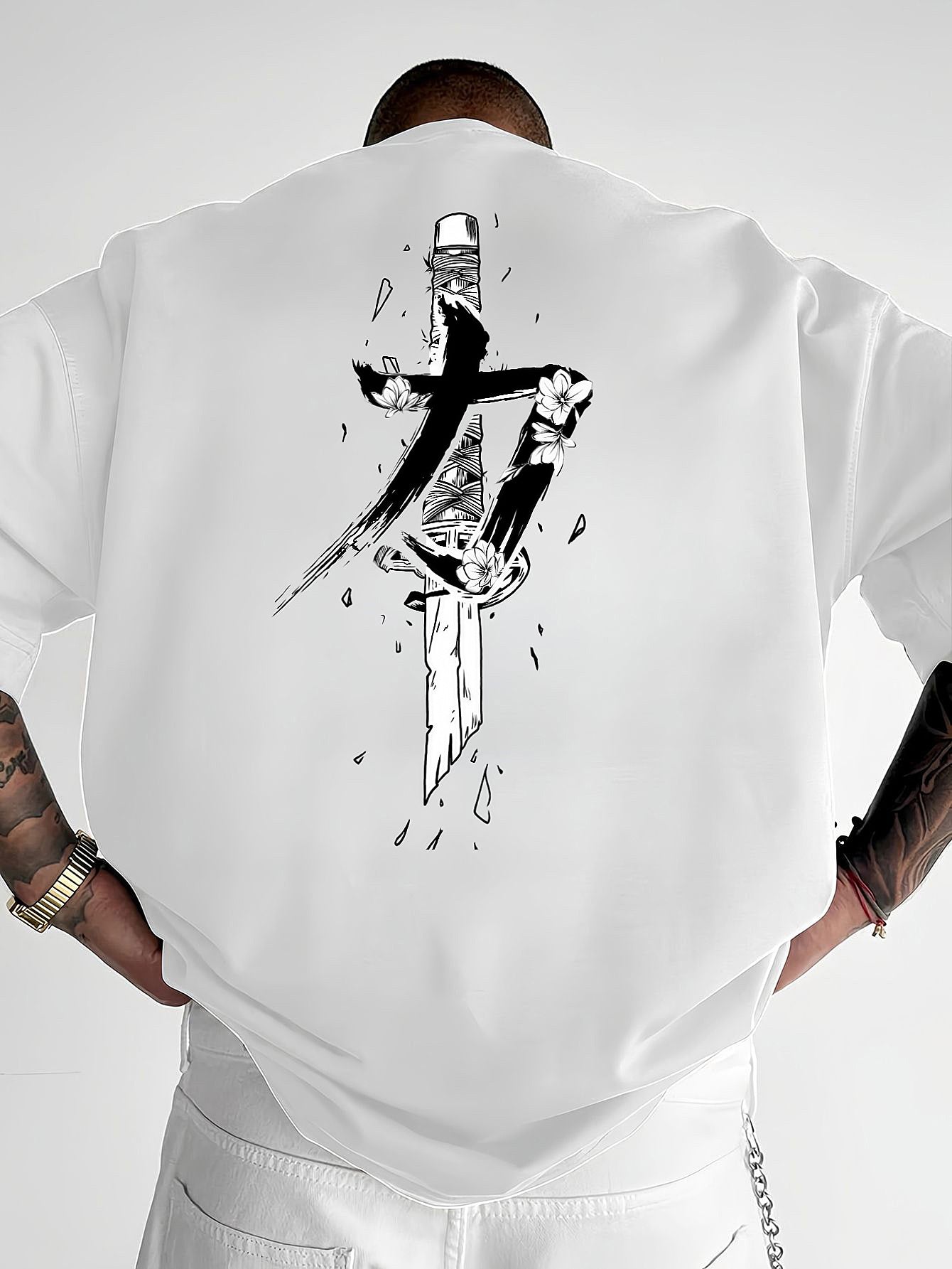 Men's Loose Fit Polyester Dagger Print T-Shirt – Casual Summer Short Sleeve