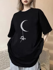 Women's Casual Polyester Crescent Moon & Figure Print T-Shirt – Black Relaxed Fit Tee