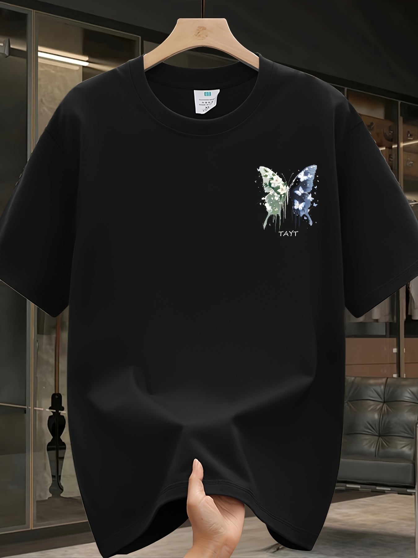 Men’s Black Cotton Graphic T-Shirt – White Butterfly & Paint Splatter