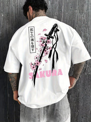 Men’s Casual Japanese Katana & Cherry Blossom Graphic Tee – Loose Fit Summer Fashion